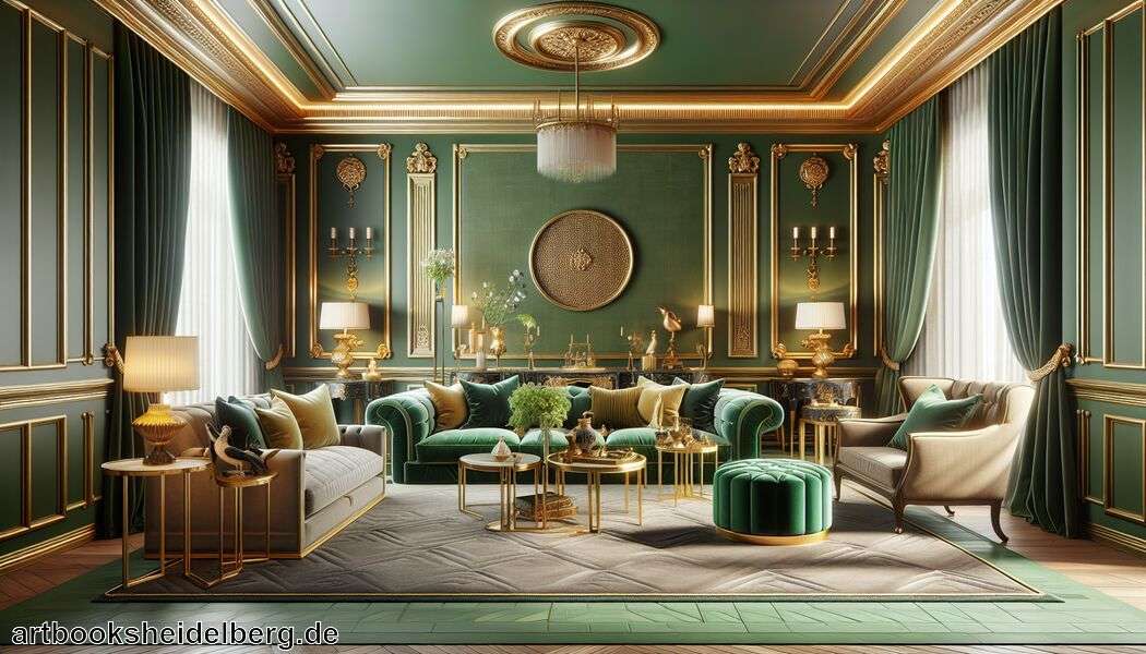 Dekoration: Kunstwerke und Pflanzen integrieren - Wohnzimmer in Grün und Gold » Stilvolle Kombination in Grün und Gold  
