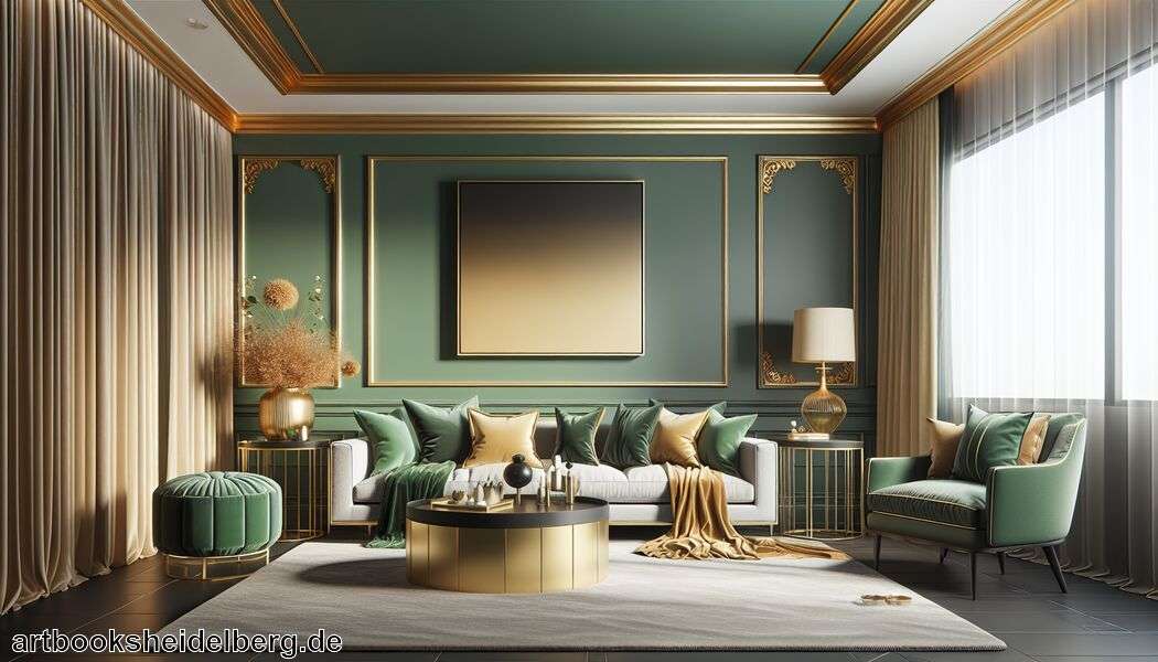 Wandgestaltung: Grüntöne für eine frische Optik - Wohnzimmer in Grün und Gold » Stilvolle Kombination in Grün und Gold  
