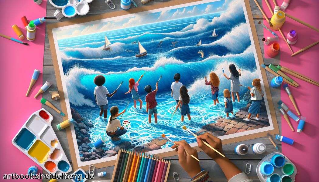 Fantasievolle Elemente wie Schiffe einfügen   - Meer malen mit Kindern » Einfaches Meer malen für Kinder  